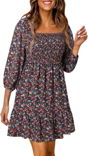 Women Square Neck Smocked Dresses Floral Printed Ruffled Lantern Sleeves A Line Long Dress Swing Mini Dress Sundress