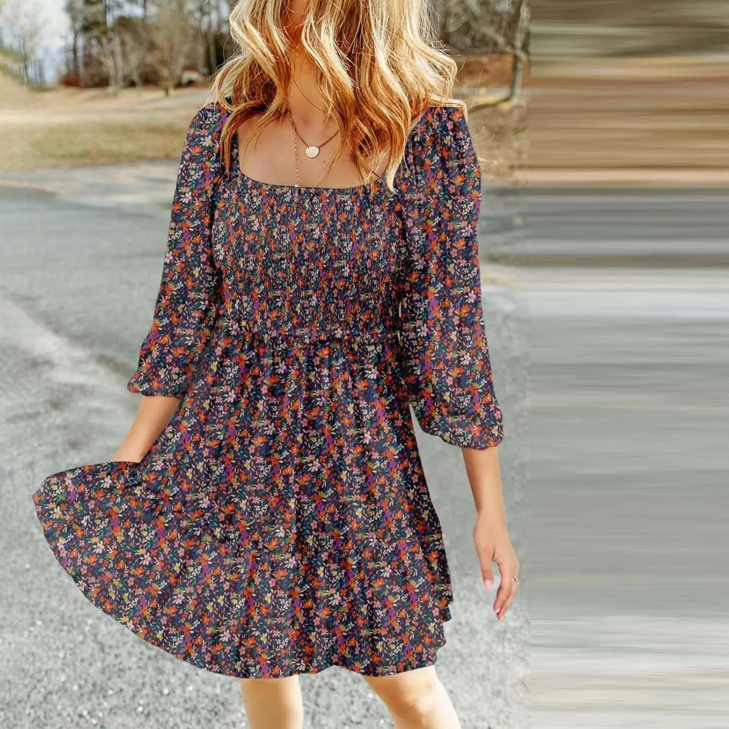 Women Square Neck Smocked Dresses Floral Printed Ruffled Lantern Sleeves A Line Long Dress Swing Mini Dress Sundress