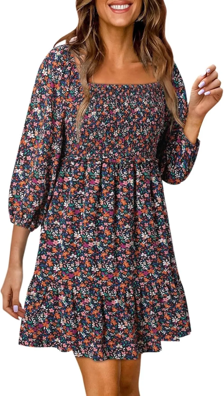 Women Square Neck Smocked Dresses Floral Printed Ruffled Lantern Sleeves A Line Long Dress Swing Mini Dress Sundress