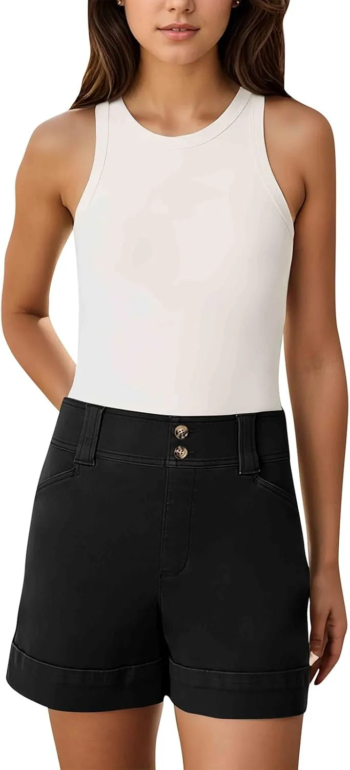 Women Stretch Twill Shorts Casual High Waisted Summer Shorts Folded Hem Chino Shorts Bermuda Shorts with Pockets