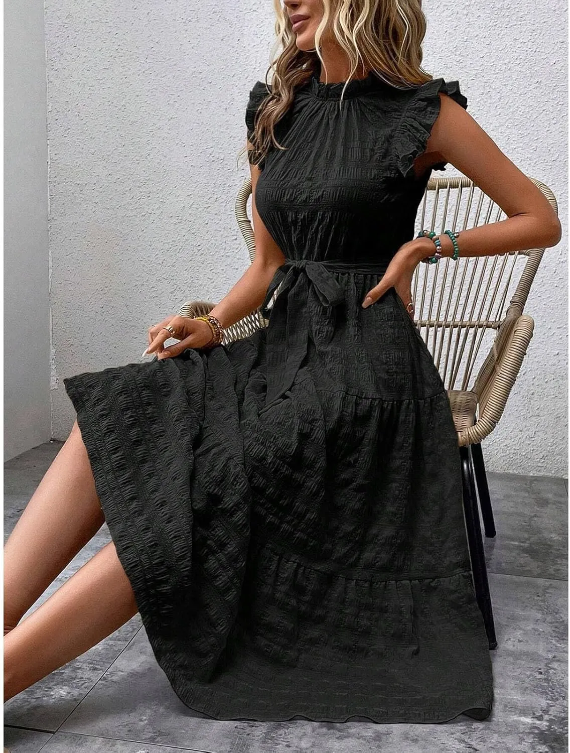 Women Summer Ruched Flowy Casual Dress, Fashion Sleeveless High Waist Slim Beach Sundress Cool Comfy Loose Dresses