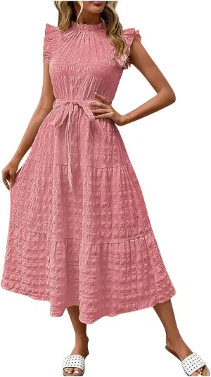 Women Summer Ruched Flowy Casual Dress, Fashion Sleeveless High Waist Slim Beach Sundress Cool Comfy Loose Dresses