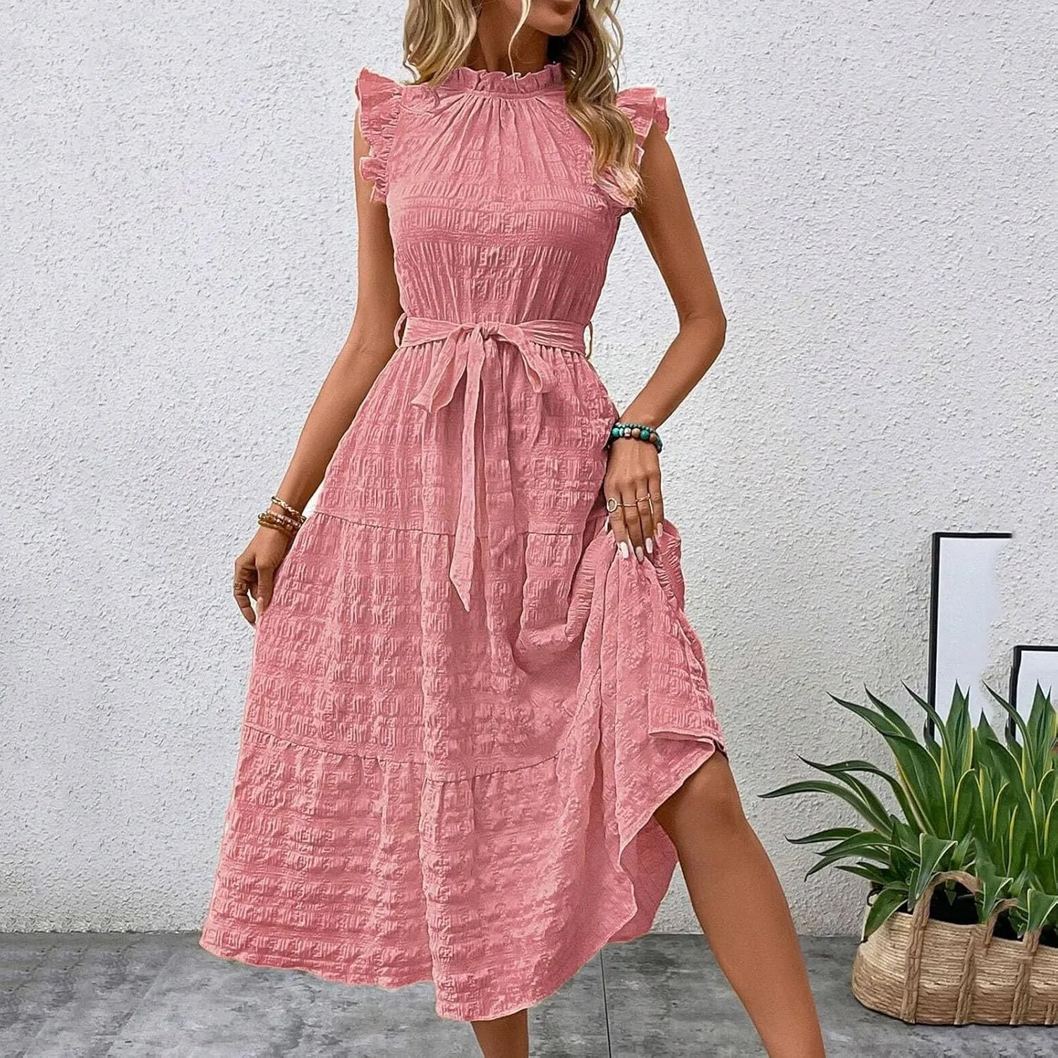 Women Summer Ruched Flowy Casual Dress, Fashion Sleeveless High Waist Slim Beach Sundress Cool Comfy Loose Dresses
