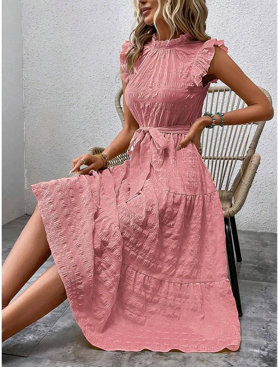 Women Summer Ruched Flowy Casual Dress, Fashion Sleeveless High Waist Slim Beach Sundress Cool Comfy Loose Dresses