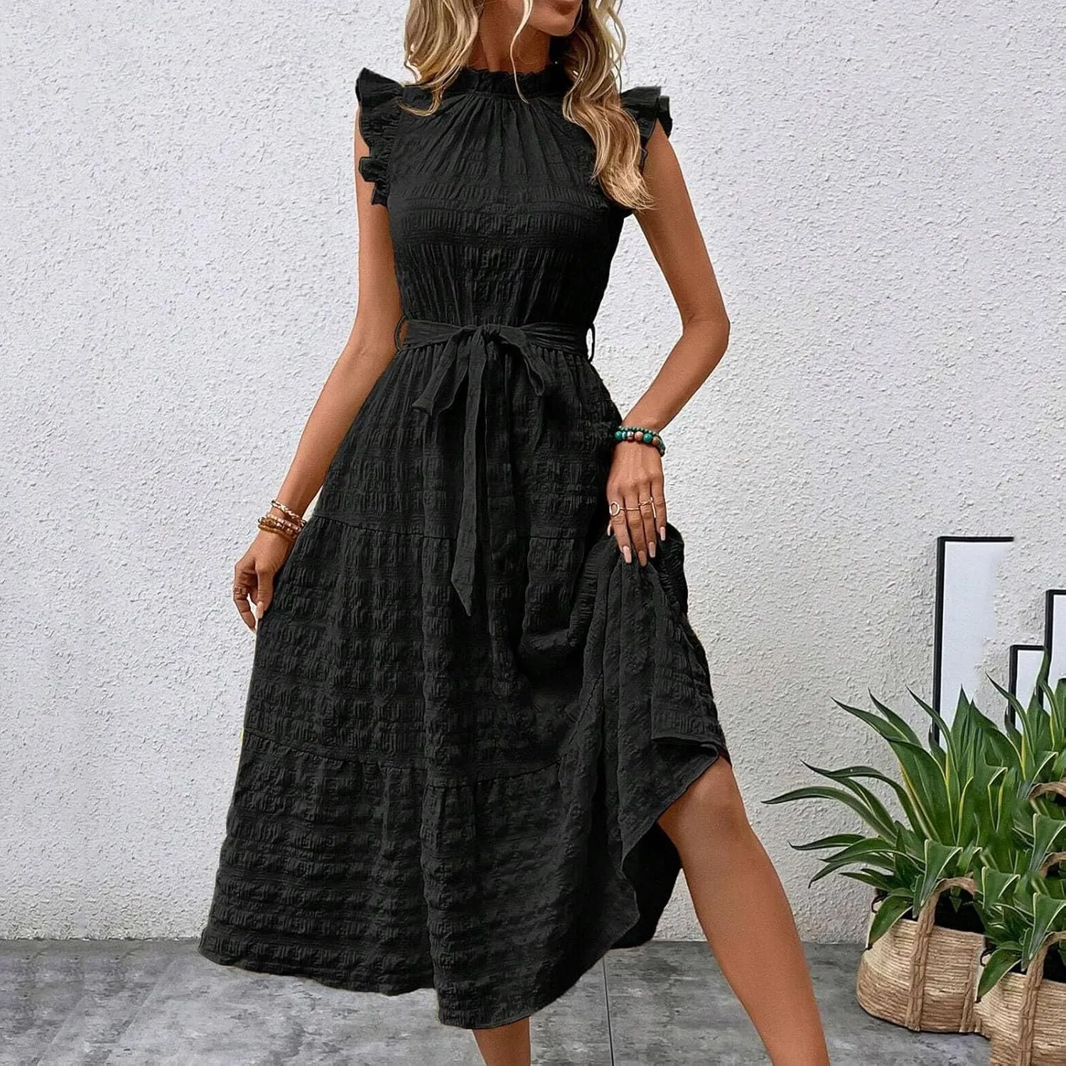 Women Summer Ruched Flowy Casual Dress, Fashion Sleeveless High Waist Slim Beach Sundress Cool Comfy Loose Dresses