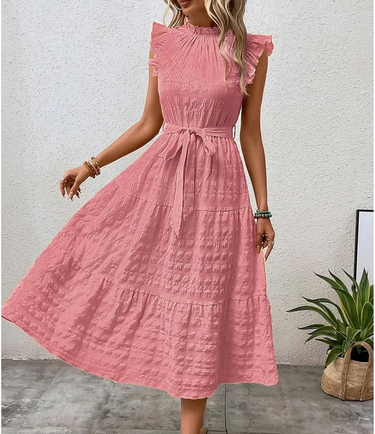 Women Summer Ruched Flowy Casual Dress, Fashion Sleeveless High Waist Slim Beach Sundress Cool Comfy Loose Dresses