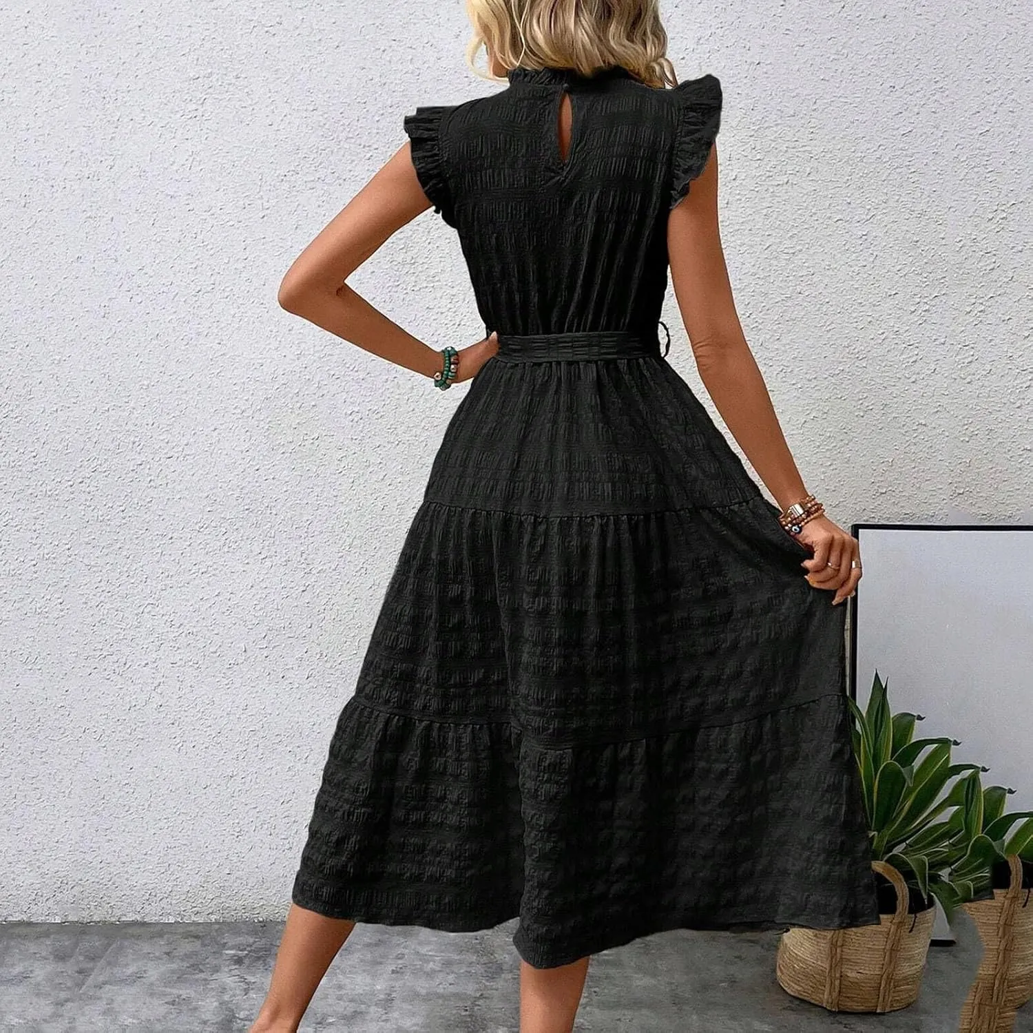 Women Summer Ruched Flowy Casual Dress, Fashion Sleeveless High Waist Slim Beach Sundress Cool Comfy Loose Dresses