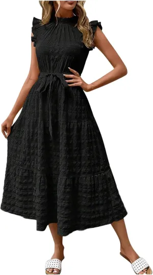 Women Summer Ruched Flowy Casual Dress, Fashion Sleeveless High Waist Slim Beach Sundress Cool Comfy Loose Dresses