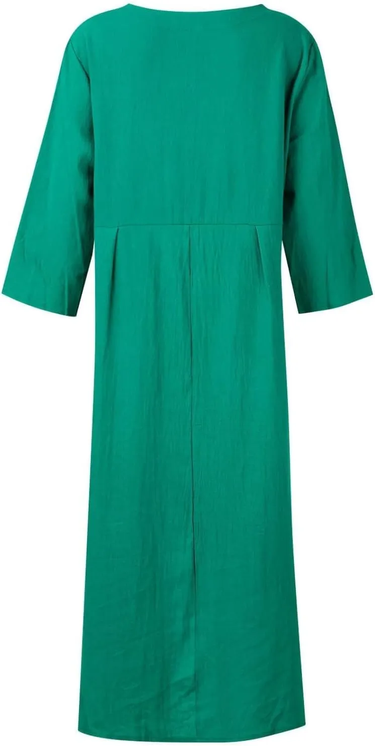 Women Summer Short Sleeve Cotton Linen Casual Loose Dress Oversized Crewneck Long Dress Solid Beach Flowy Dresses