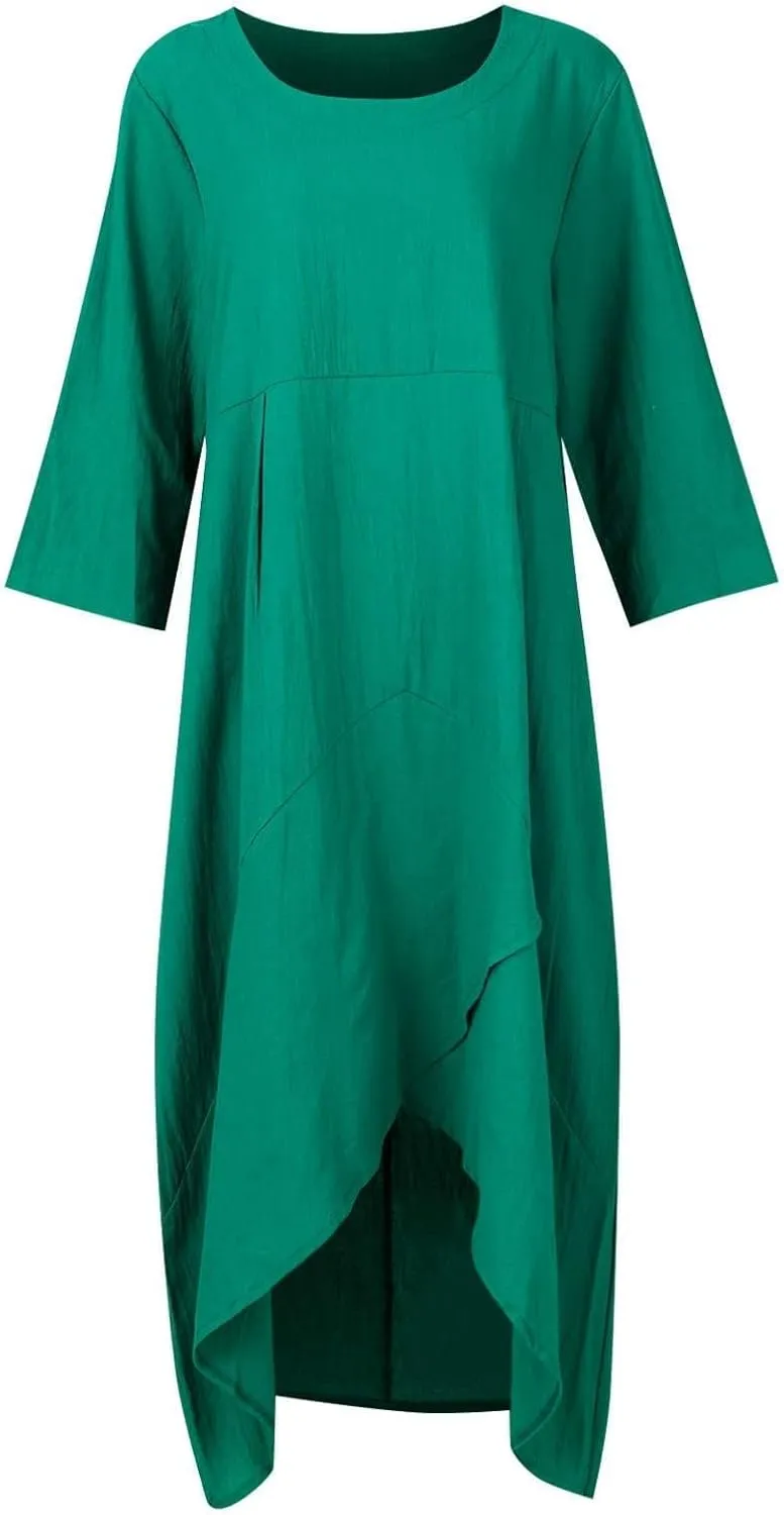 Women Summer Short Sleeve Cotton Linen Casual Loose Dress Oversized Crewneck Long Dress Solid Beach Flowy Dresses