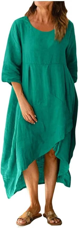 Women Summer Short Sleeve Cotton Linen Casual Loose Dress Oversized Crewneck Long Dress Solid Beach Flowy Dresses