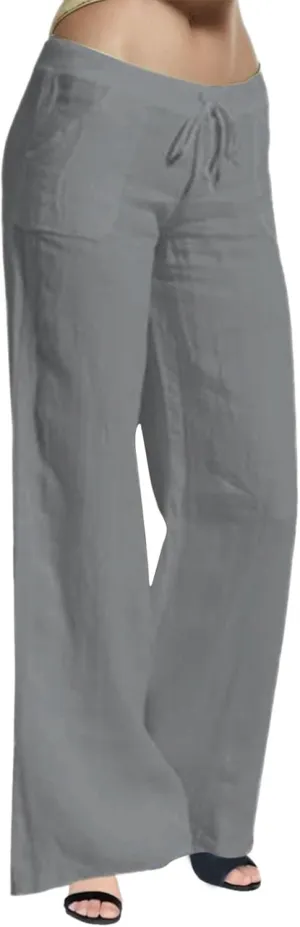 Women Wide Leg Linen Pants Casual Elastic High Waisted Palazzo Pant Long Pull On Trousers with Pocket