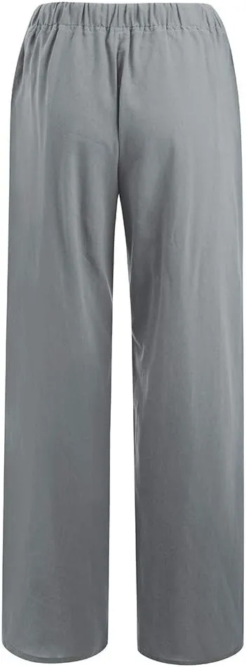 Women Wide Leg Linen Pants Casual Elastic High Waisted Palazzo Pant Long Pull On Trousers with Pocket