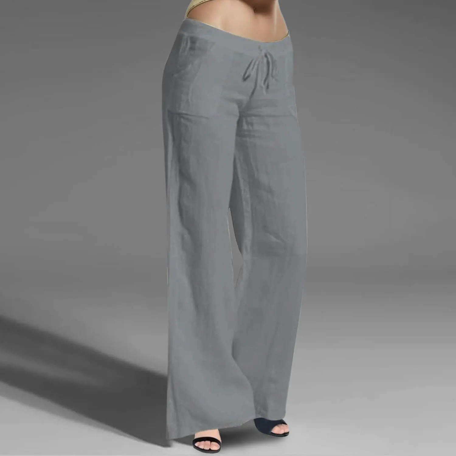 Women Wide Leg Linen Pants Casual Elastic High Waisted Palazzo Pant Long Pull On Trousers with Pocket