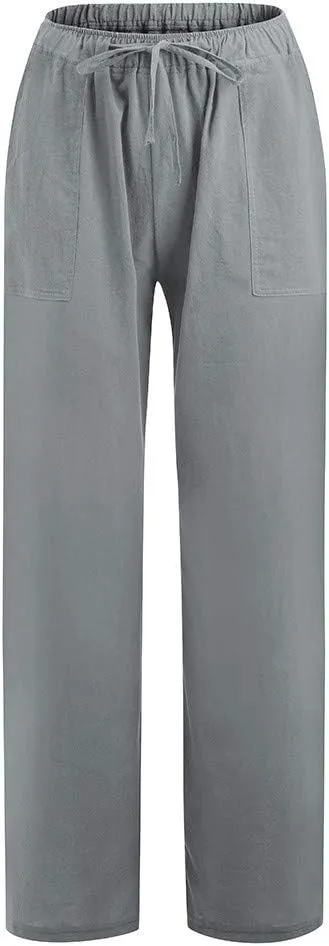 Women Wide Leg Linen Pants Casual Elastic High Waisted Palazzo Pant Long Pull On Trousers with Pocket