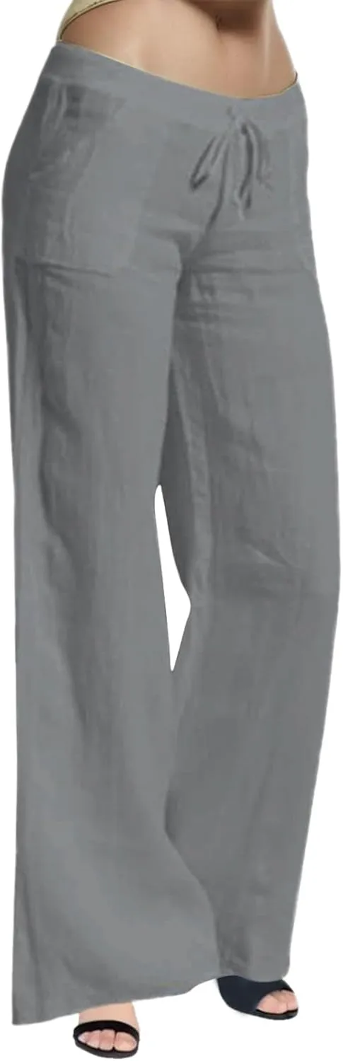 Women Wide Leg Linen Pants Casual Elastic High Waisted Palazzo Pant Long Pull On Trousers with Pocket