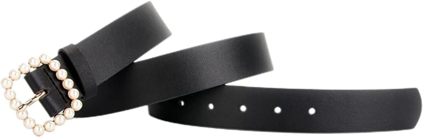 Women's 2 Pack Faux Leather Belt Pearl Adjustable PU Belts Loops Buckle Casual Curvy All Seasons Ratchet Belt