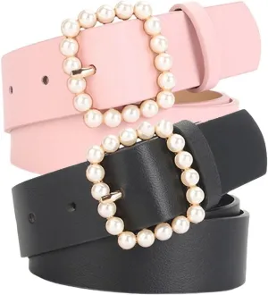 Women's 2 Pack Faux Leather Belt Pearl Adjustable PU Belts Loops Buckle Casual Curvy All Seasons Ratchet Belt
