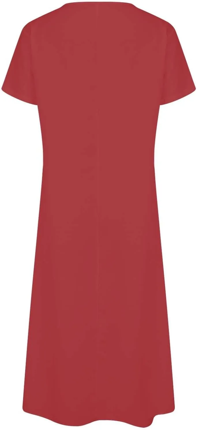 Women's 2025 Linen Casual Dresses Flowy V Neck Short Sleeve Maxi Dress Lightweight Summer Beach Vacation Clothes