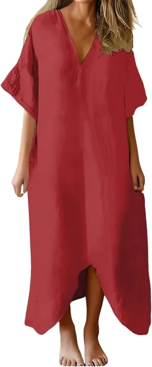 Women's 2025 Linen Casual Dresses Flowy V Neck Short Sleeve Maxi Dress Lightweight Summer Beach Vacation Clothes