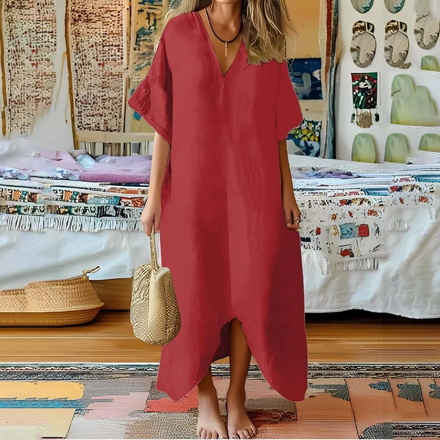 Women's 2025 Linen Casual Dresses Flowy V Neck Short Sleeve Maxi Dress Lightweight Summer Beach Vacation Clothes