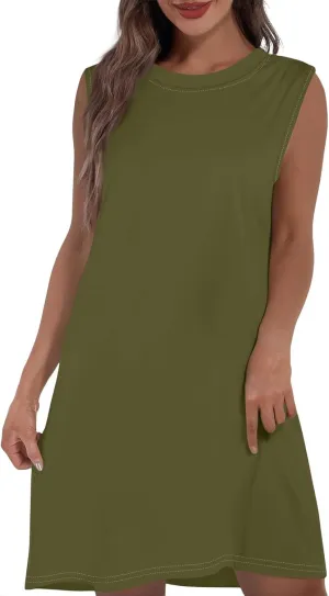 Womens 2025 Summer Beach Pockets Dress Vacation Crew Neck Sleeveless Sundress Casual Loose Printed Mini Dresses