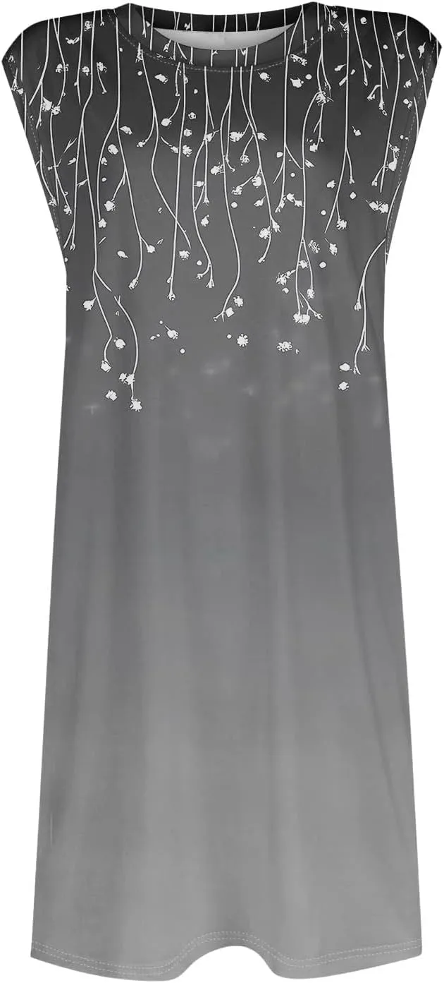 Womens 2025 Summer Beach Pockets Dress Vacation Crew Neck Sleeveless Sundress Casual Loose Printed Mini Dresses