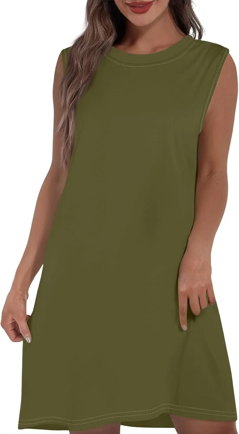 Womens 2025 Summer Beach Pockets Dress Vacation Crew Neck Sleeveless Sundress Casual Loose Printed Mini Dresses