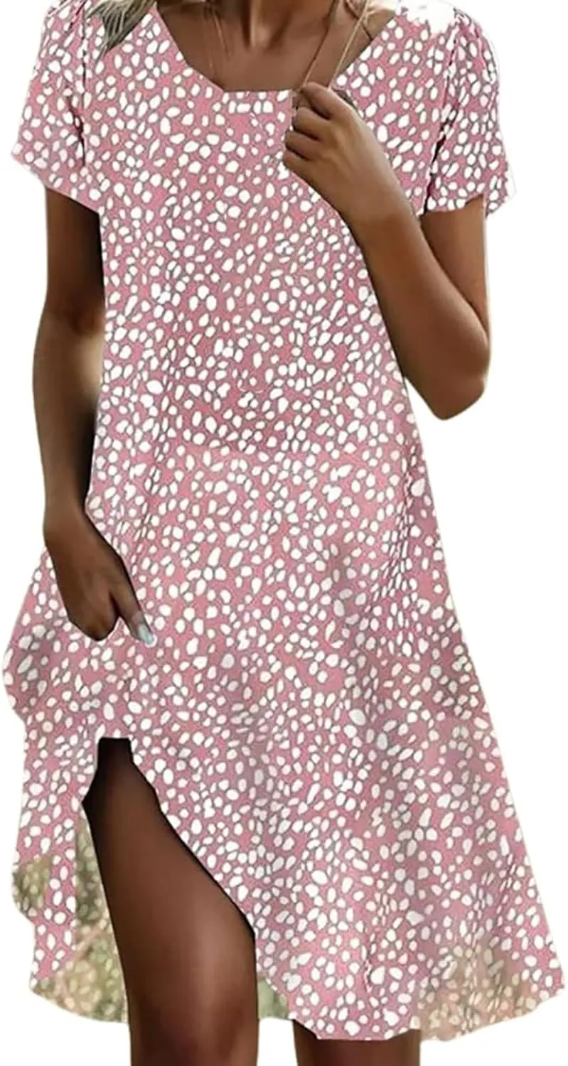 Women's 2025 Summer Dresses Short Sleeve Casual V Neck Flowy Swing Midi Dress A Line Beach Vacation Boho Sundress