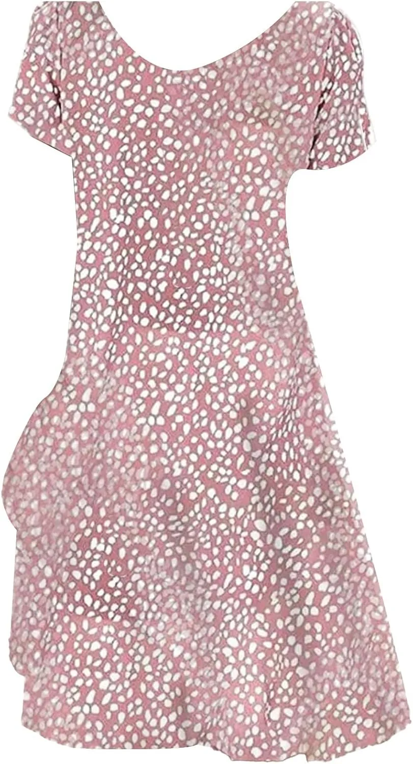 Women's 2025 Summer Dresses Short Sleeve Casual V Neck Flowy Swing Midi Dress A Line Beach Vacation Boho Sundress