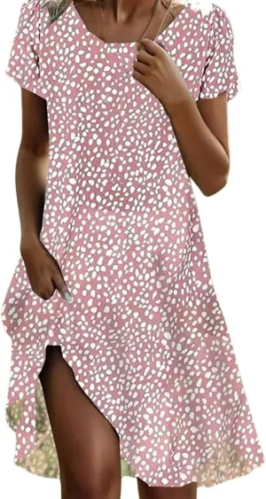 Women's 2025 Summer Dresses Short Sleeve Casual V Neck Flowy Swing Midi Dress A Line Beach Vacation Boho Sundress