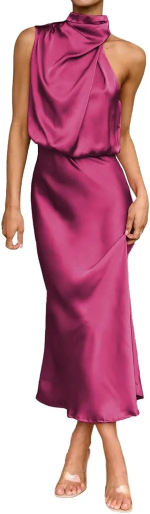 Women's 2025 Summer Satin Dress Elegant Sleeveless Mock Neck Cocktail Party Maxi Dresses