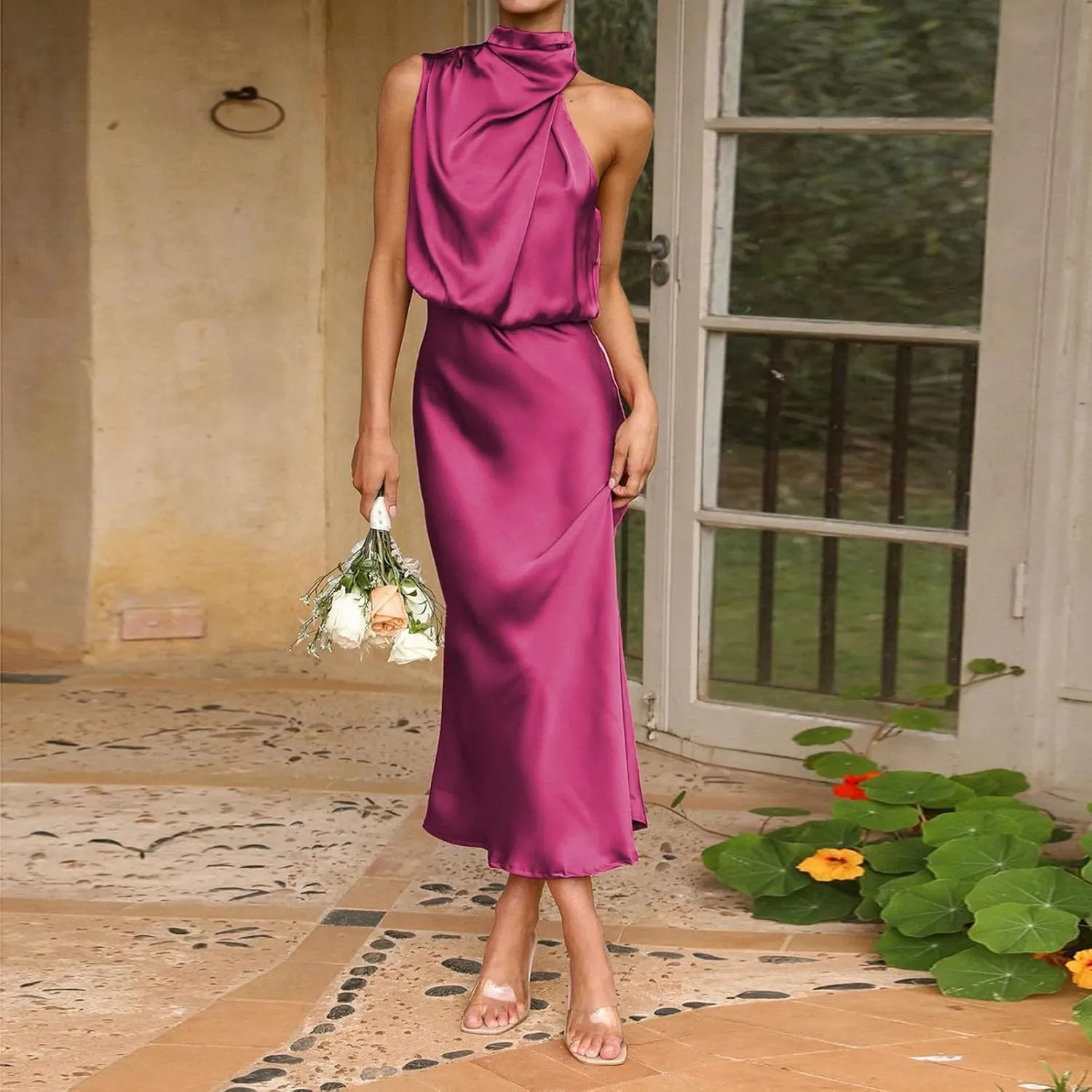 Women's 2025 Summer Satin Dress Elegant Sleeveless Mock Neck Cocktail Party Maxi Dresses