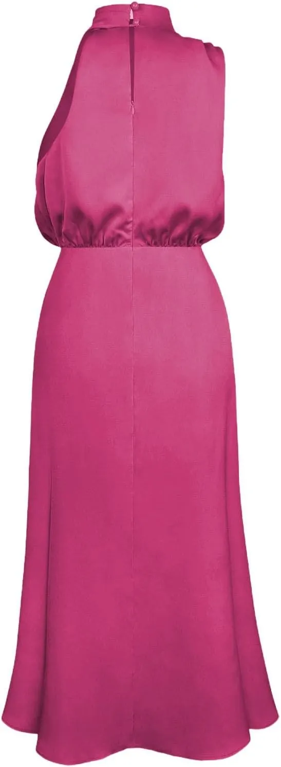 Women's 2025 Summer Satin Dress Elegant Sleeveless Mock Neck Cocktail Party Maxi Dresses