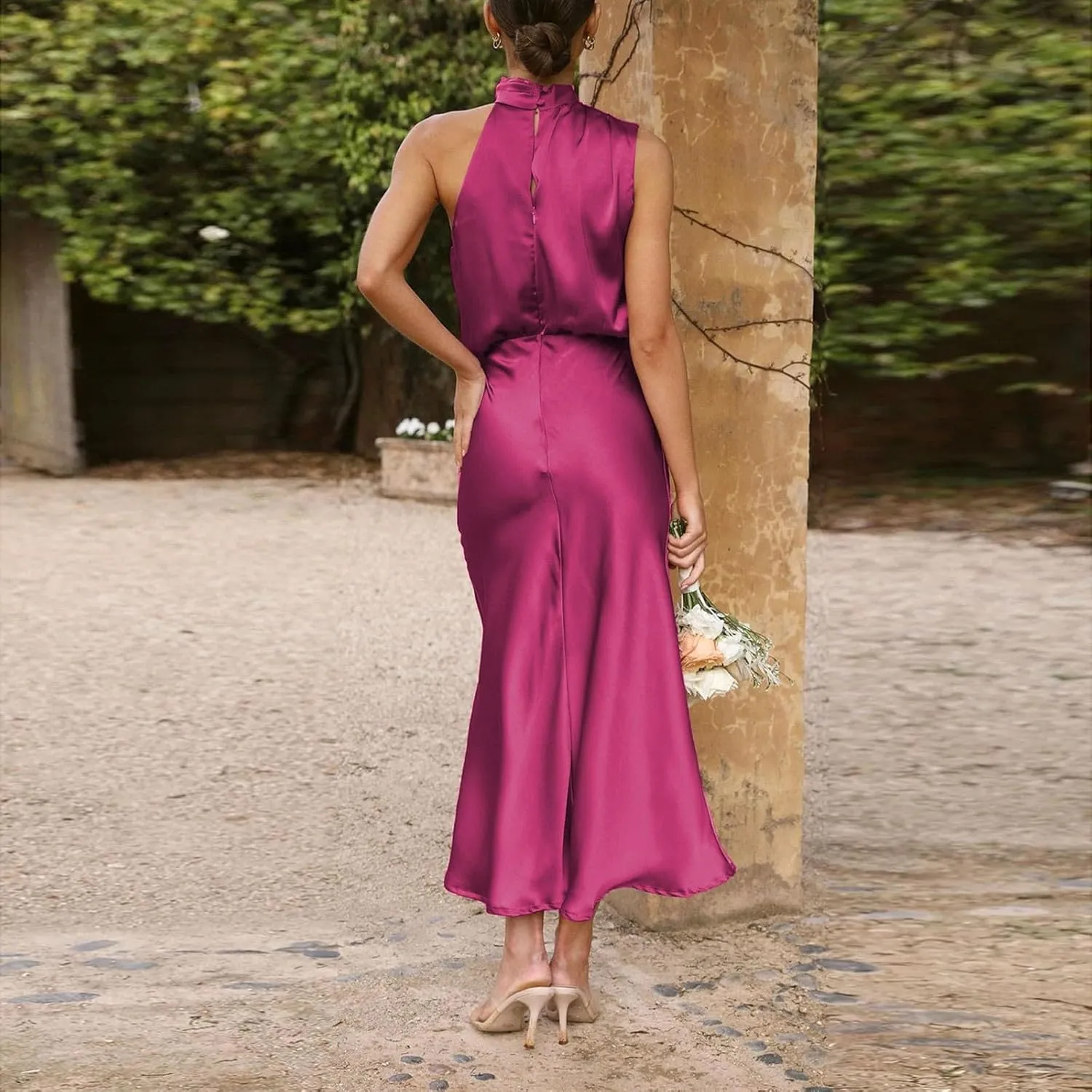 Women's 2025 Summer Satin Dress Elegant Sleeveless Mock Neck Cocktail Party Maxi Dresses
