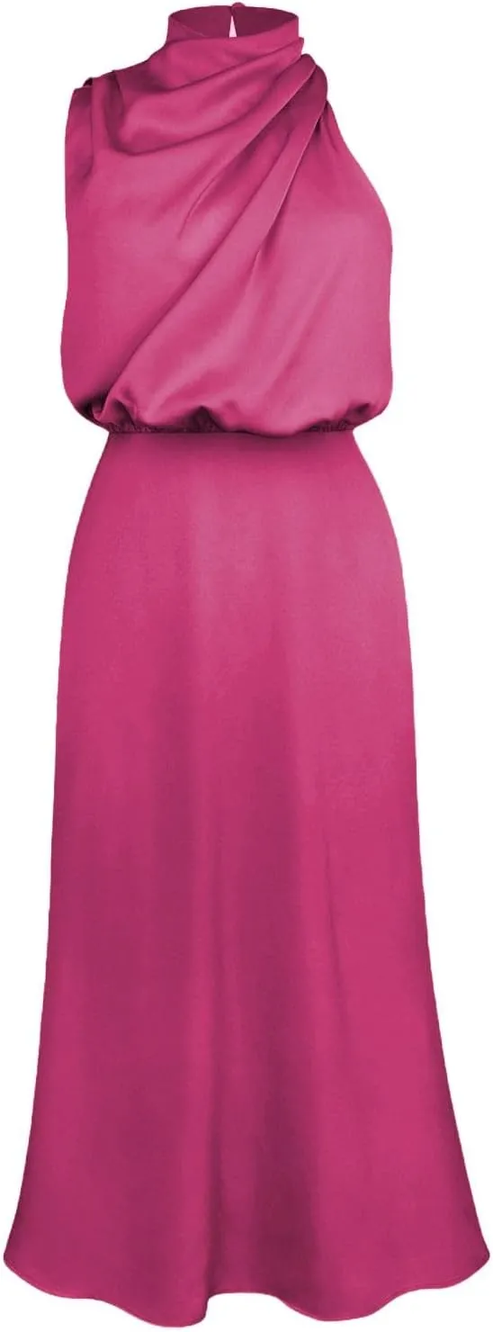 Women's 2025 Summer Satin Dress Elegant Sleeveless Mock Neck Cocktail Party Maxi Dresses