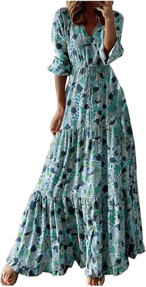 Womens 3/4 Sleeve Casual Boho A-Line Dress Frill Trim V Neck Maxi Dress Plus Size Fashion High Waist Beach Dresses