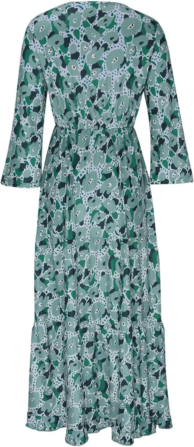 Womens 3/4 Sleeve Casual Boho A-Line Dress Frill Trim V Neck Maxi Dress Plus Size Fashion High Waist Beach Dresses
