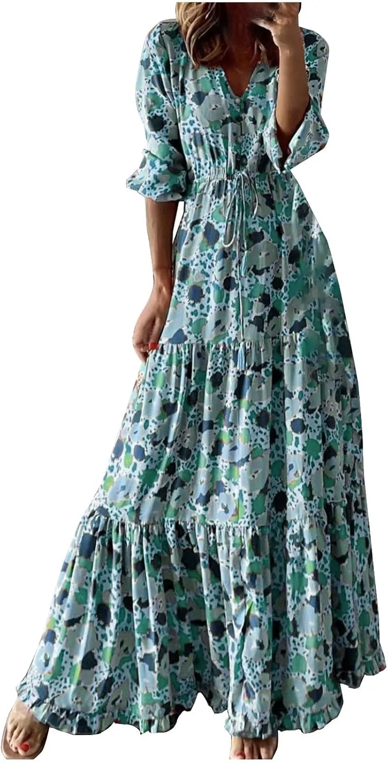 Womens 3/4 Sleeve Casual Boho A-Line Dress Frill Trim V Neck Maxi Dress Plus Size Fashion High Waist Beach Dresses
