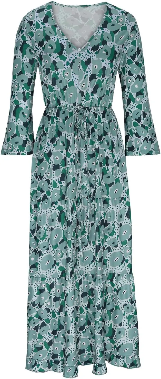 Womens 3/4 Sleeve Casual Boho A-Line Dress Frill Trim V Neck Maxi Dress Plus Size Fashion High Waist Beach Dresses
