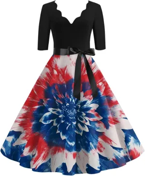 Womens American Flag Dress Sunflower Fourth of July Independence Day Beach Vacation Patriotic Vintage Dresses to Hide Tummy