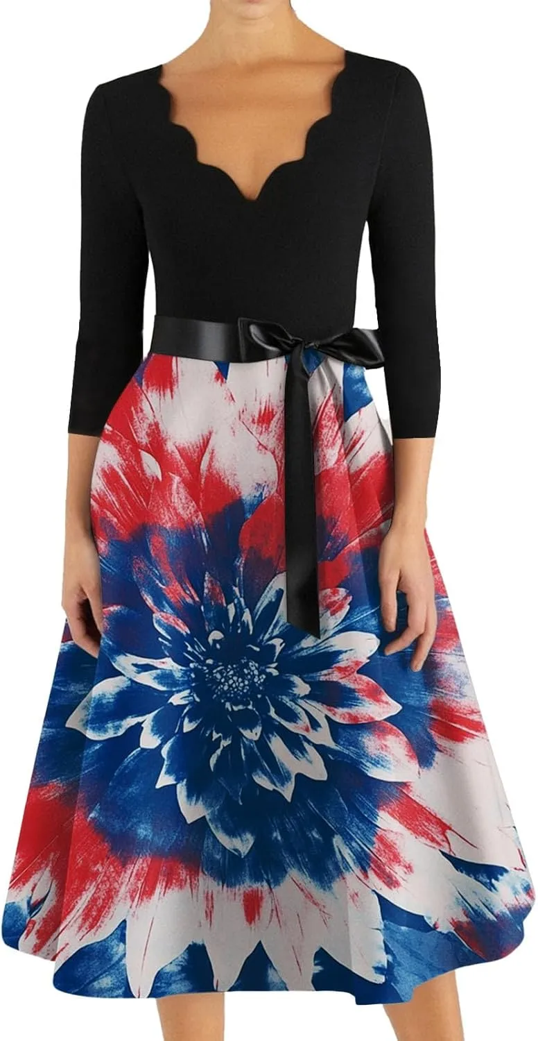 Womens American Flag Dress Sunflower Fourth of July Independence Day Beach Vacation Patriotic Vintage Dresses to Hide Tummy