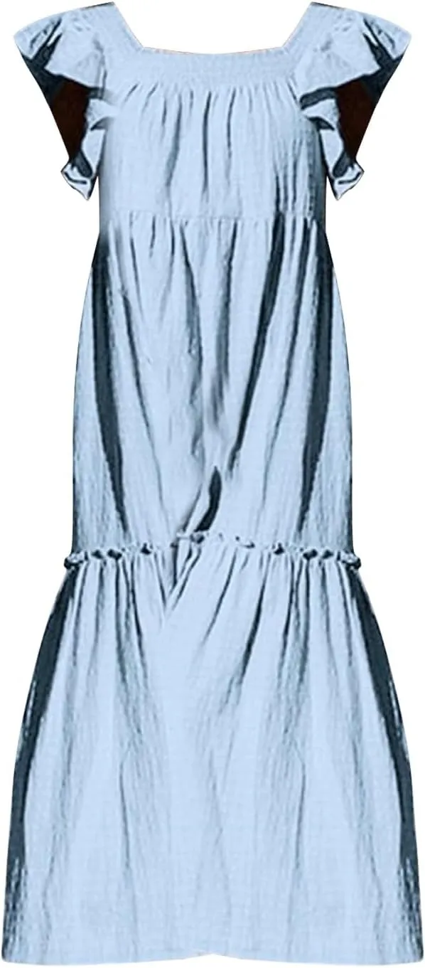 Womens Babydoll Maxi Dress Ruffle Cap Short Sleeve Dresses Tiered Pleated Swing Flowy Long Sundress Summer Outfits