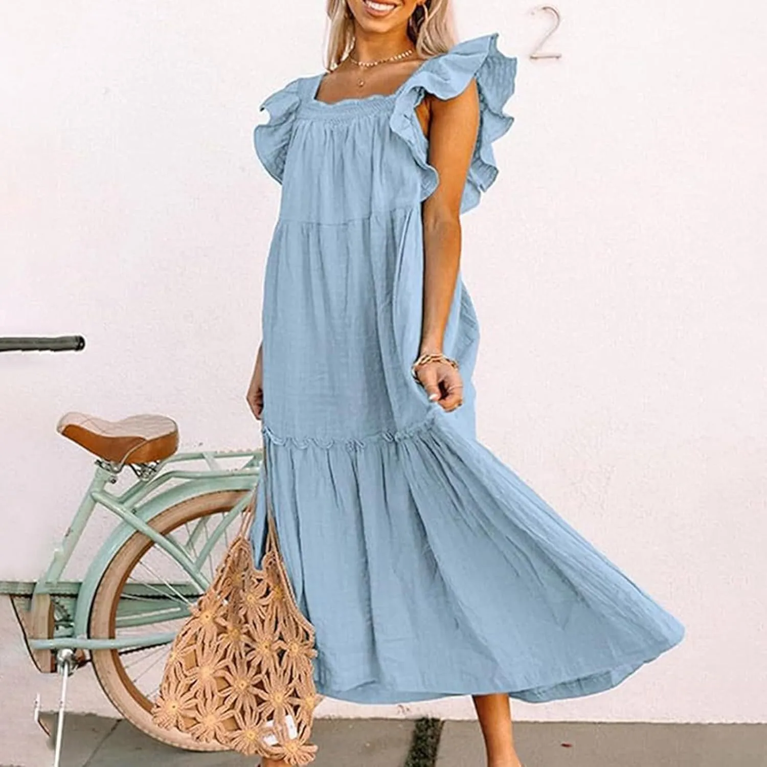 Womens Babydoll Maxi Dress Ruffle Cap Short Sleeve Dresses Tiered Pleated Swing Flowy Long Sundress Summer Outfits