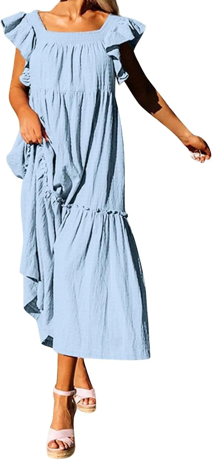 Womens Babydoll Maxi Dress Ruffle Cap Short Sleeve Dresses Tiered Pleated Swing Flowy Long Sundress Summer Outfits