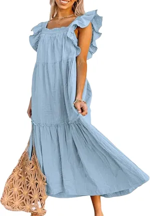 Womens Babydoll Maxi Dress Ruffle Cap Short Sleeve Dresses Tiered Pleated Swing Flowy Long Sundress Summer Outfits