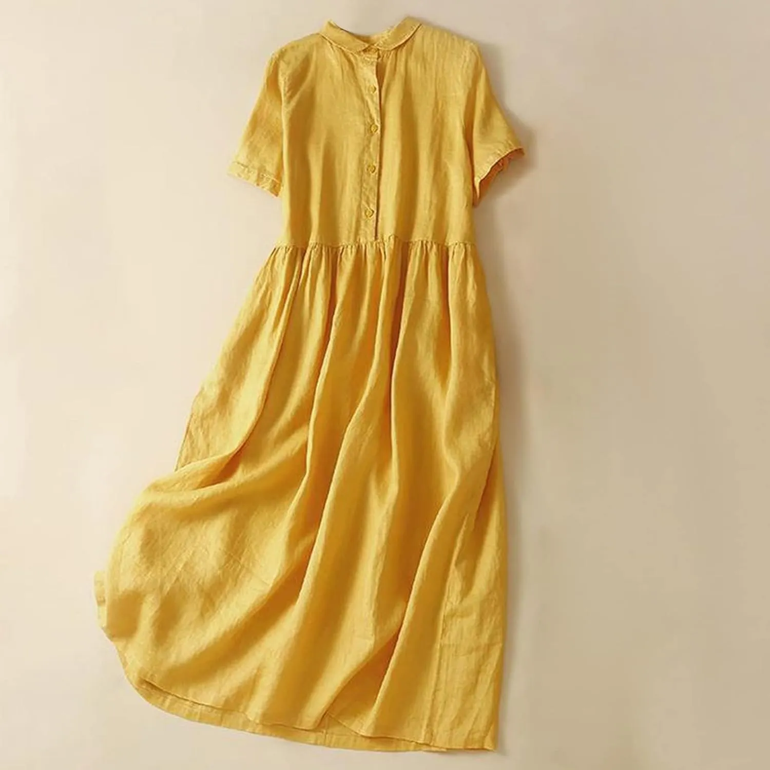 Womens Bohemian Cotton Linen Dresses 3/4 Sleeve Maxi Long Dress Summer Solid Plain Cute Vacation Flowy Trendy Dresses