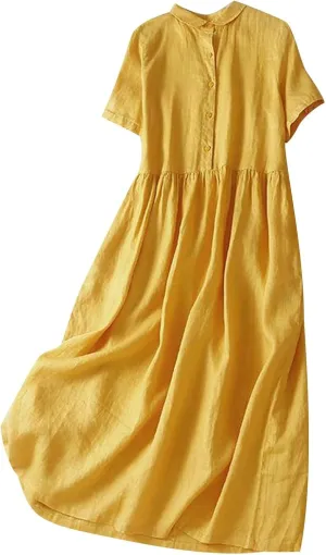 Womens Bohemian Cotton Linen Dresses 3/4 Sleeve Maxi Long Dress Summer Solid Plain Cute Vacation Flowy Trendy Dresses