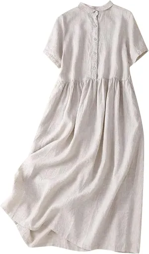 Womens Bohemian Cotton Linen Dresses 3/4 Sleeve Maxi Long Dress Summer Solid Plain Cute Vacation Flowy Trendy Dresses