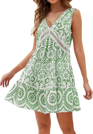 Womens Boho Floral Print Mini Dress Summer V Neck Sleeveless Bathing Suit A Line Sundress Vacation Beach Dress